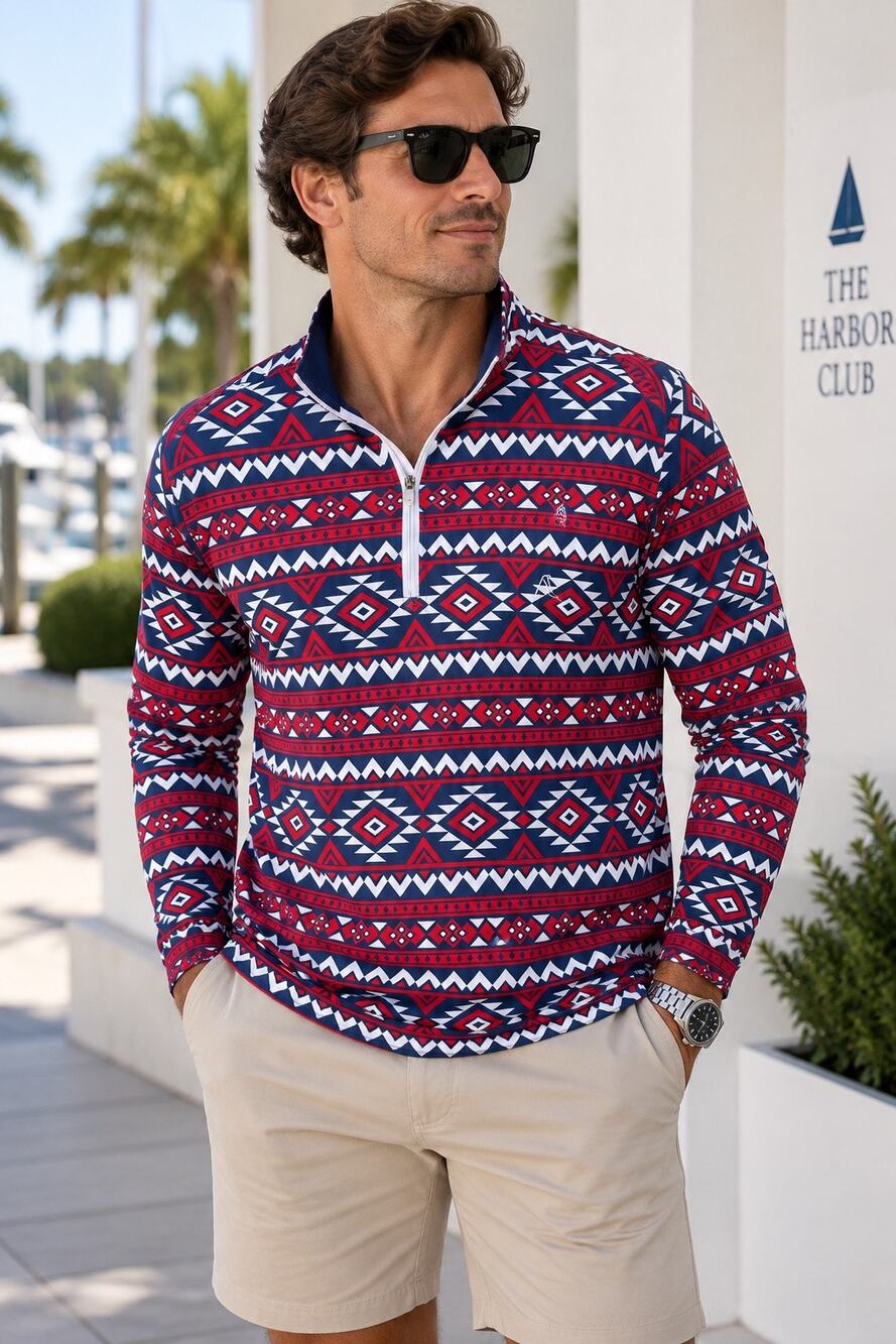Rhoback Geometric Aztec Long Sleeve Quarter Zip Pullover Sweater Red Men's XXL
